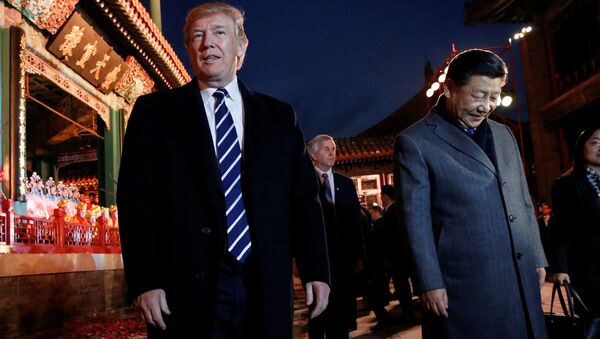 US President Donald Trump and China's President Xi Jinping leave after an opera performance at the Forbidden City in Beijing, China, November 8, 2017. - Sputnik International