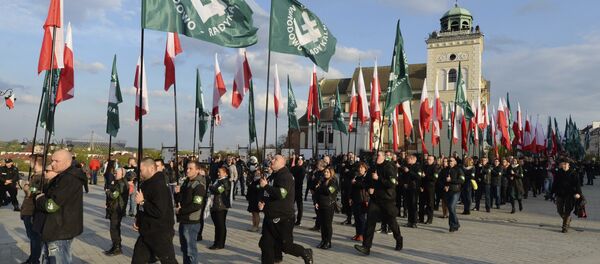 April 29, 2017 shows members of the far-right group, the National-Radical Camp, marking the 83rd anniversary of their organization, in Warsaw, Poland. Warsaw's Jewish community urged the country's most powerful politician, Jaroslaw Kaczynski, to denounce growing anti-Semitism, while other organizations on Thursday, Aug. 10, 2017 warned they witness a rise of extreme right-wing violence. - Sputnik International