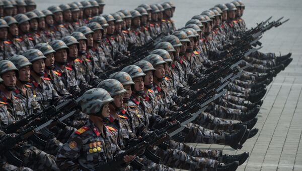 Korean People's Army (KPA) soldiers march on Kim Il-Sung sqaure during a military parade marking the 105th anniversary of the birth of late North Korean leader Kim Il-Sung, in Pyongyang on April 15, 2017 - Sputnik International