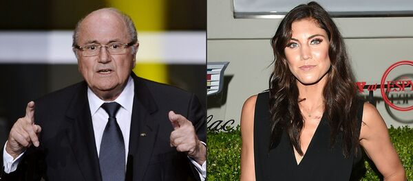 This combination of pictures created on November 11, 2017 shows FIFA then President Joseph Blatter (L) speaking at the start of the FIFA Ballon d'Or awards ceremony at the Kongresshaus in Zurich on January 7, 2013 and USA women's national football team goalkeeper Hope Solo attending BODY at ESPYs at Milk Studios on July 14, 2015 in Hollywood, California This combination of pictures created on November 11, 2017 shows FIFA then President Joseph Blatter (L) speaking at the start of the FIFA Ballon d'Or awards ceremony at the Kongresshaus in Zurich on January 7, 2013 and USA women's national football team goalkeeper Hope Solo attending BODY at ESPYs at Milk Studios on July 14, 2015 in Hollywood, California - Sputnik International
