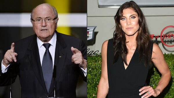 This combination of pictures created on November 11, 2017 shows FIFA then President Joseph Blatter (L) speaking at the start of the FIFA Ballon d'Or awards ceremony at the Kongresshaus in Zurich on January 7, 2013 and USA women's national football team goalkeeper Hope Solo attending BODY at ESPYs at Milk Studios on July 14, 2015 in Hollywood, California - Sputnik International