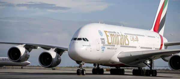 Emirates’ inaugural A380 flight to San Francisco International Airport approaching gate on Monday, Dec. 1, 2014, in San Francisco Emirates’ inaugural A380 flight to San Francisco International Airport approaching gate on Monday, Dec. 1, 2014, in San Francisco - Sputnik International
