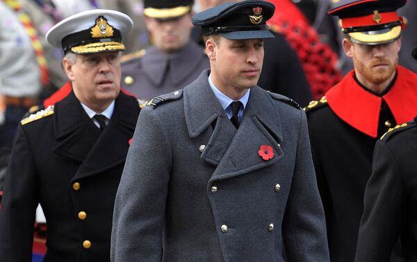Britain's Prince William (C), Prince Andrew (L) and Prince Harry (R) take part in the Remembrance Sunday Cenotaph service in London, Britain, November 12, 2017 - Sputnik International