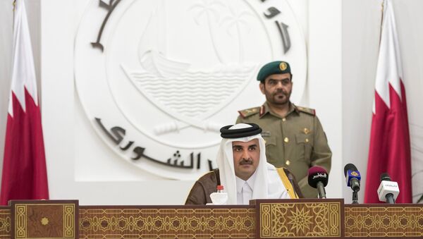 QatarÕs Emir Sheikh Tamim bin Hamad al-Thani is seen as he speaks to members of Qatar's Shoura Council in Doha, Qatar - Sputnik International