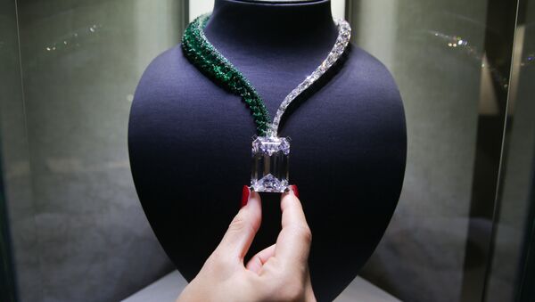 A necklace, known as Creation I, featuring a 163.41 carat D-Colour Flawless diamond, and created by Swiss jewellers de GRISOGONO, is pictured during a photocall. - Sputnik International