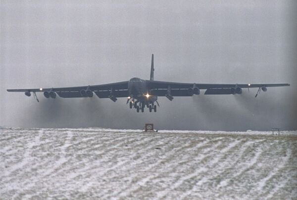 a giant nuclear-equipped USAF B-52 bomber lifts off from the snow covered RAF Fairford runway in Gloucestershire, England, en route to the Gulf a giant nuclear-equipped USAF B-52 bomber lifts off from the snow covered RAF Fairford runway in Gloucestershire, England, en route to the Gulf - Sputnik International