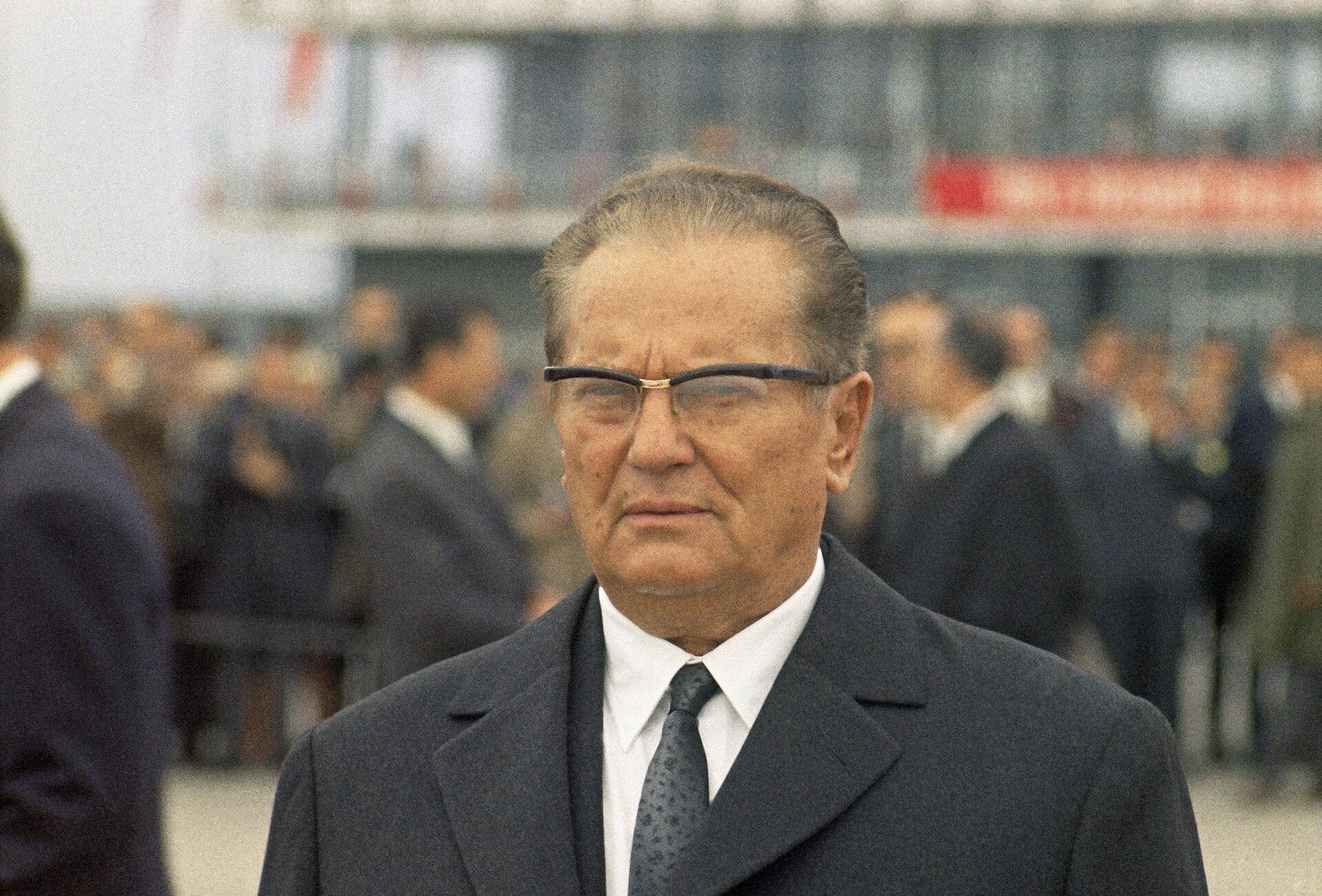 Close-up of President Josip Broz Tito of Yugoslavia, as he welcomes President Giuseppe Saragat of Italy at the Belgrade airport, Yugoslavia on Oct. 2, 1969, for the first state visit of an Italian President to neighboring Yugoslavia - Sputnik International, 1920, 06.03.2023