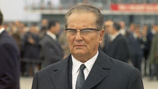 Close-up of President Josip Broz Tito of Yugoslavia, as he welcomes President Giuseppe Saragat of Italy at the Belgrade airport, Yugoslavia on Oct. 2, 1969, for the first state visit of an Italian President to neighboring Yugoslavia - Sputnik International