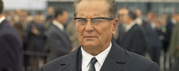 Close-up of President Josip Broz Tito of Yugoslavia, as he welcomes President Giuseppe Saragat of Italy at the Belgrade airport, Yugoslavia on Oct. 2, 1969, for the first state visit of an Italian President to neighboring Yugoslavia - Sputnik International