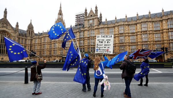 Anti-Brexit protesters wave EU and Union flags outside the Houses of Parliament in London, Britain, November 14, 2017 - Sputnik International