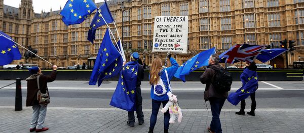 Anti-Brexit protesters wave EU and Union flags outside the Houses of Parliament in London, Britain, November 14, 2017 - Sputnik International