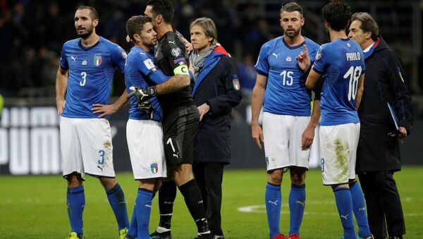 2018 World Cup Qualifications - Europe - Italy vs Sweden - San Siro, Milan, Italy - November 13, 2017 Italy’s Giorgio Chiellini, Gianluigi Buffon and Andrea Barzagli look dejected after the match - Sputnik International