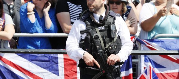 An armed police officer keeps guard as Britain's Royals return to Buckingham Palace, after attending the annual Trooping the Colour Ceremony in London, Saturday, June 17, 2017. - Sputnik International