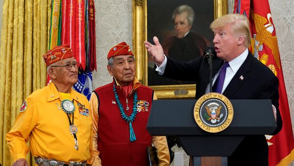 U.S. President Donald Trump gestures as he hosts an event honouring the Native American code talkers, including Thomas Begay (L) and Peter McDonald, in front of a painting of President Andrew Jackson, at the White House in Washington, U.S., November 27, 2017. - Sputnik International