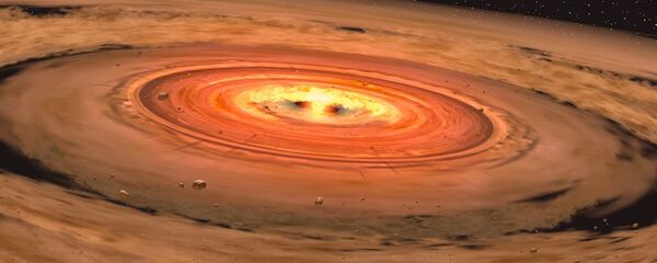 Artist's impression of a disc forming into a solar system around a red dwarf Artist's impression of a disc forming into a solar system around a red dwarf - Sputnik International
