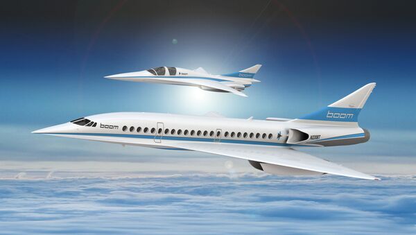 An artist's impression shows Boom's 55-seat supersonic aircraft (below) and Boom's XB-1 supersonic demonstrator in this undated handout obtained by Reuters December 4, 2017. - Sputnik International