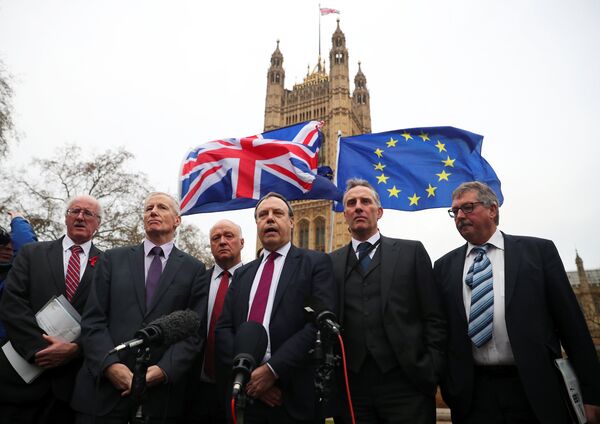 Anti-Brexit protesters hold flags as Nigel Dodds, deputy leader of the Democratic Unionist Party speaks, flanked by other DUP MP's, outside the Houses of Parliament, London, Britain December 5, 2017.  - Sputnik International