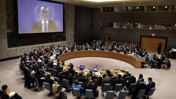 United Nations Special Coordinator for the Middle East Peace Process Nikolay Mladenov, on screen, addresses the Security Council, from Jerusalem, at United Nations headquarters, Friday, Dec. 8, 2017. - Sputnik International