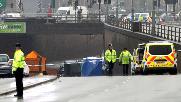 Police and emergency services are seen working at the scene of a multiple car crash on Lee Bank Middleway in central Birmingham, Britain, December 17, 2017 - Sputnik International