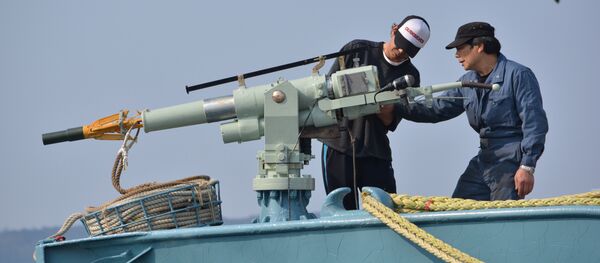 Crew of a whaling ship check a whaling gun or harpoon before departure at Ayukawa port in Ishinomaki City (File) - Sputnik International