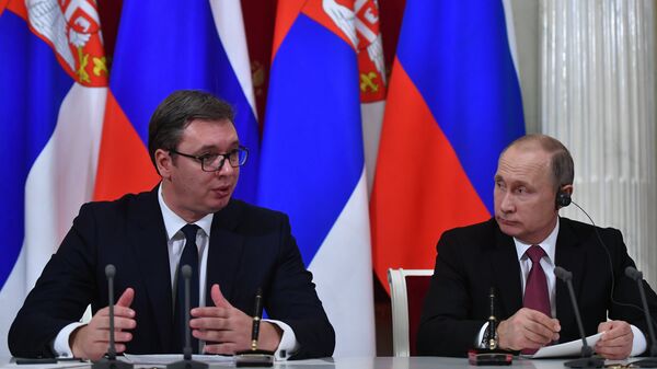 Russian President Vladimir Putin and Serbian President Aleksandar Vucic during a joint press statement following Russian-Serbian talks. File photo. - Sputnik International