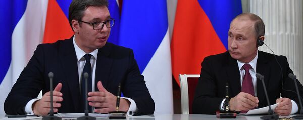 Russian President Vladimir Putin and Serbian President Aleksandar Vucic during a joint press statement following Russian-Serbian talks Russian President Vladimir Putin and Serbian President Aleksandar Vucic during a joint press statement following Russian-Serbian talks - Sputnik International