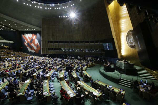 Palestinian Foreign Minister Riyad al-Malki addresses to members of delegations at the General Assembly for the vote on Jerusalem, on December 21, 2017, at UN Headquarters in New York - Sputnik International
