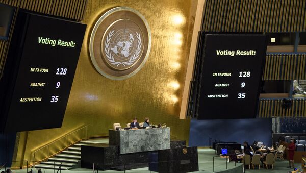 The results of a vote are posted in the General Assembly, Thursday, Dec. 21, 2017, at United Nations headquarters - Sputnik International