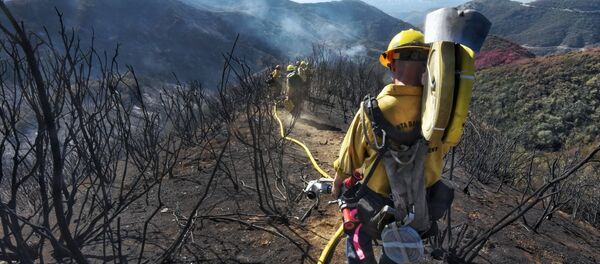 In this photo provided by the Santa Barbara County Fire Department, Santa Barbara County Firefighters haul dozens of pounds of hose and equipment down steep terrain below E. Camino Cielo to root out and extinguish smoldering hot spots in Santa Barbara, Calif., Tuesday, Dec. 19, 2017. Officials estimate that the Thomas Fire will grow to become the biggest in California history before full containment, expected by Jan. 7, 2018. - Sputnik International