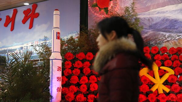 FILE - In this Feb. 15, 2016 file photo, a visitor at a flower festival walks past a model of North Korea's newest satellite Kwangmyongsong 4 on display - Sputnik International