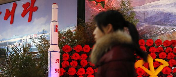 In this Feb. 15, 2016 file photo, a visitor at a flower festival walks past a model of North Korea's newest satellite Kwangmyongsong 4 on display In this Feb. 15, 2016 file photo, a visitor at a flower festival walks past a model of North Korea's newest satellite Kwangmyongsong 4 on display - Sputnik International