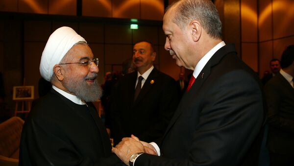 Turkish President Tayyip Erdogan meets with Iran's President Hassan Rouhani during an extraordinary meeting of the Organisation of Islamic Cooperation (OIC) in Istanbul, Turkey, December 13, 2017 - Sputnik International