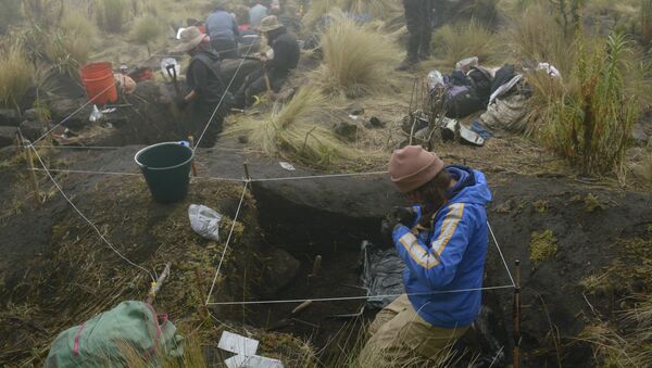 In this 2016 photo provided by Mexico's National Institute of Anthropology and History, INAH, researchers excavate a site on the shores of Nahualac Lagoon, at the foot of the Iztaccihuatl volcano in Mexico State, Mexico - Sputnik International
