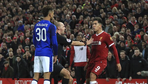 Tempers flare between Everton's Mason Holgate, left, and Liverpool's Roberto Firmino during the English FA Cup Third Round soccer match between Liverpool and Everton at Anfield in Liverpool, England, Friday, Jan. 5, 2018 - Sputnik International