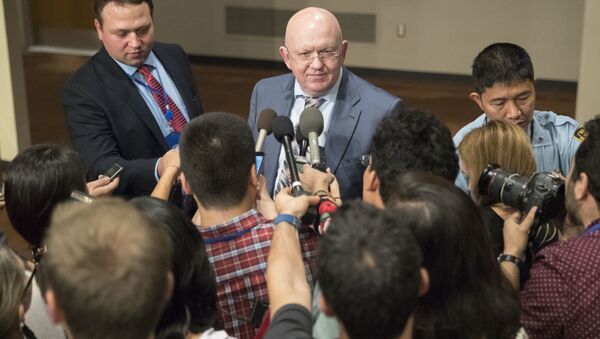 Russian Ambassador to the United Nations Vassily Nebenzia speaks to reporters after Security Council consultations on the situation in North Korea, Friday, Sept. 15, 2017 at United Nations headquarters. - Sputnik International