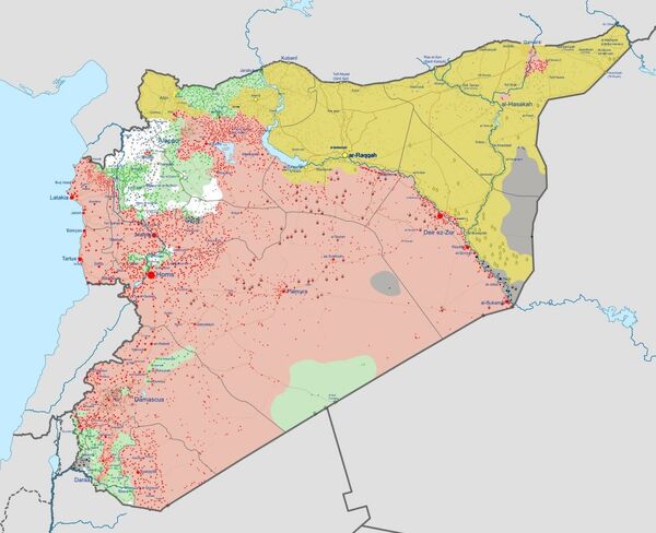 Map of the Syrian Civil War, as of late 2017. The yellow area shows territory which are de facto controlled by Kurdish forces and their allies. The red outlines territory controlled by the Syrian government. - Sputnik International
