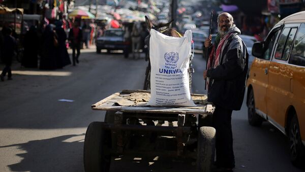 A Palestinian man stands next to a cart carrying a flour sack distributed by the United Nations Relief and Works Agency (UNRWA) in Khan Younis refugee camp in the southern Gaza Strip January 3, 2018 - Sputnik International