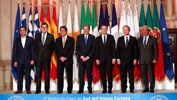 (L to R) Greek Prime Minister Alexis Tsipras, Spanish Prime Minister Mariano Rajoy, Cyprus President Nicos Anastasiades, Italian Prime Minister Paolo Gentiloni, French President Emmanuel Macron, Maltese Prime Minister Joseph Muscat and Portuguese Prime Minister Antonio Costa pose during a southern European Union nations meeting in Rome, Italy January 10, 2018 - Sputnik International