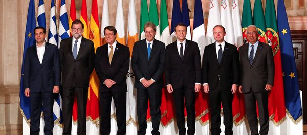 (L to R) Greek Prime Minister Alexis Tsipras, Spanish Prime Minister Mariano Rajoy, Cyprus President Nicos Anastasiades, Italian Prime Minister Paolo Gentiloni, French President Emmanuel Macron, Maltese Prime Minister Joseph Muscat and Portuguese Prime Minister Antonio Costa pose during a southern European Union nations meeting in Rome, Italy January 10, 2018 (L to R) Greek Prime Minister Alexis Tsipras, Spanish Prime Minister Mariano Rajoy, Cyprus President Nicos Anastasiades, Italian Prime Minister Paolo Gentiloni, French President Emmanuel Macron, Maltese Prime Minister Joseph Muscat and Portuguese Prime Minister Antonio Costa pose during a southern European Union nations meeting in Rome, Italy January 10, 2018 - Sputnik International