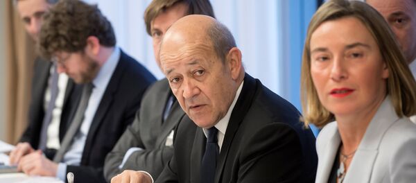 France's Foreign Minister Jean-Yves Le Drian and European Union's foreign policy chief Federica Mogherini attend a meeting with Iran's Foreign Minister Mohammad Javad Zarif, Britain's Foreign Secretary Boris Johnson and Germany's Foreign Minister Sigmar Gabriel in Brussels, Belgium France's Foreign Minister Jean-Yves Le Drian and European Union's foreign policy chief Federica Mogherini attend a meeting with Iran's Foreign Minister Mohammad Javad Zarif, Britain's Foreign Secretary Boris Johnson and Germany's Foreign Minister Sigmar Gabriel in Brussels, Belgium - Sputnik International