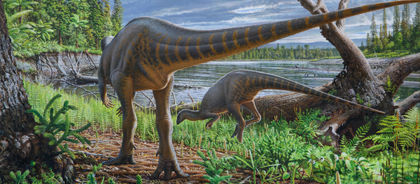 Artist's impression of two Diluvicursor pickeringi foraging on the bank of a high-energy river within the Australian-Antarctic rift valley are seen in this image provided January 11, 2018 Artist's impression of two Diluvicursor pickeringi foraging on the bank of a high-energy river within the Australian-Antarctic rift valley are seen in this image provided January 11, 2018 - Sputnik International