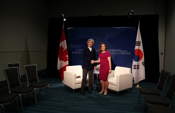 Canada’s Minister of Foreign Affairs Chrystia Freeland holds a bilateral meeting with the South Korean Minister of Foreign Affairs Kang Kyung-wha in Vancouver, British Columbia, Canada, January 15, 2018 Canada’s Minister of Foreign Affairs Chrystia Freeland holds a bilateral meeting with the South Korean Minister of Foreign Affairs Kang Kyung-wha in Vancouver, British Columbia, Canada, January 15, 2018 - Sputnik International