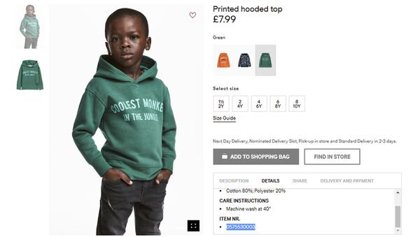 An undated photo of an advert for a hoodie by H&M. Clothing giant H&M has apologized Monday, Jan. 8, 2017, and removed an advertising image of a black model in a sweatshirt with the words “Coolest monkey in the jungle.’’ - Sputnik International