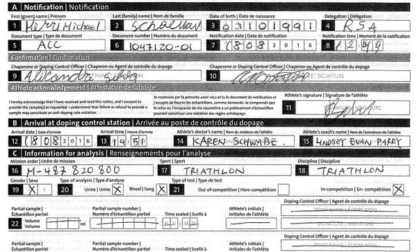 Henri Schoeman's Doping Control Form, Noting His Use of Prednisolone © Sputnik Henri Schoeman's Doping Control Form, Noting His Use of Prednisolone © Sputnik - Sputnik International