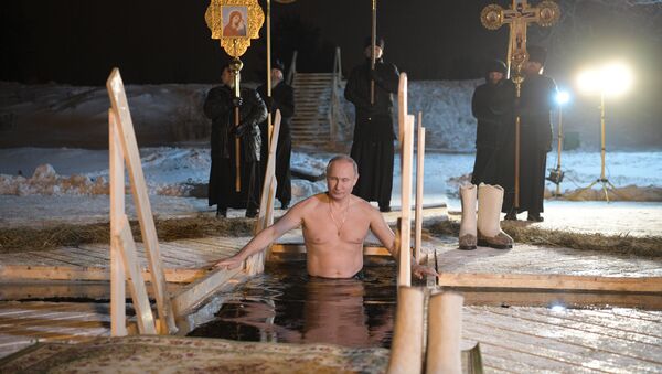 The Russian President V. Putin has taken part in Epiphany bathings on the Lake Seliger - Sputnik International