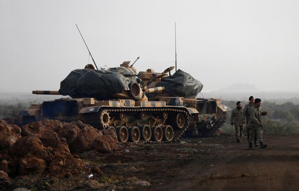 Turkish soldiers and tanks are pictured in a village on the Turkish-Syrian border in Gaziantep province, Turkey January 22, 2018 Turkish soldiers and tanks are pictured in a village on the Turkish-Syrian border in Gaziantep province, Turkey January 22, 2018 - Sputnik International
