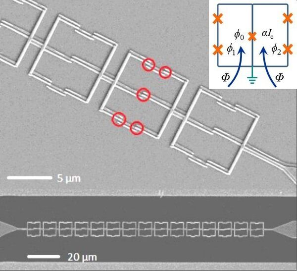 A microphotograph of a chain of mirror qubits, showing a resolution of 5 microns per cm and 20 microns per cm, respectively. Circles denote the Josephson junctions entering into a single qubit. A microphotograph of a chain of mirror qubits, showing a resolution of 5 microns per cm and 20 microns per cm, respectively. Circles denote the Josephson junctions entering into a single qubit. - Sputnik International