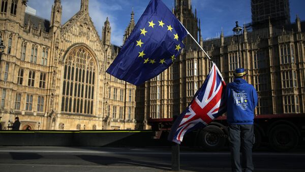 A pro-European Union,(EU), anti-Brexit demonstrator holds the EU and UK flags outside the Houses of Parliament, in central London on January 22, 2018 - Sputnik International