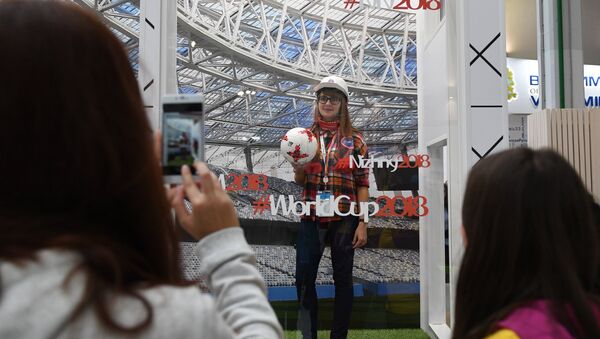 Stand of Nizhny Novgorod, a host city of the 2018 FIFA World Cup, at Youth Expo in Sochi during the 19th World Festival of Youth and Students - Sputnik International