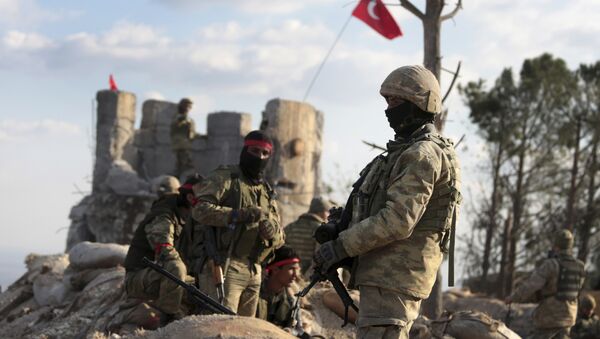 Pro-Turkey Syrian fighters and Turkish troops secure the Bursayah hill, which separates the Kurdish-held enclave of Afrin from the Turkey-controlled town of Azaz, Syria, Sunday, Jan. 28, 2018 - Sputnik International